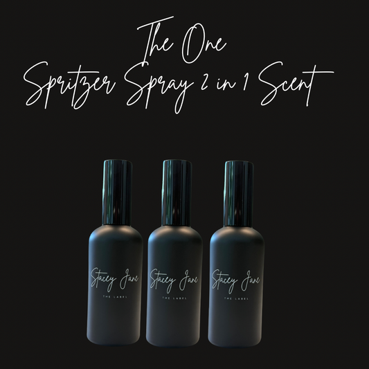 Stacey Jane THE ONE Fragrance Spritzer Spray with Baccarat Rouge 540 scent, elegant bottle with floral design.