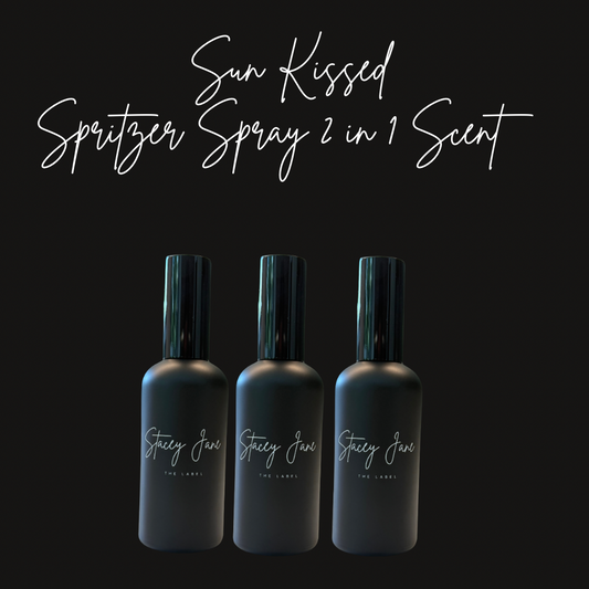 Stacey Jane Sun Kissed Fragrance spritzer spray with Brazilian Bum Bum scent, featuring a sleek bottle and vibrant packaging.