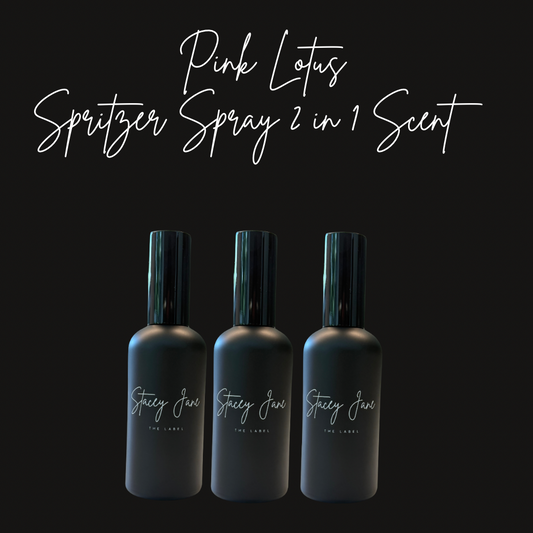 Stacey Jane Pink Lotus Fragrance Spritzer Spray with pink lotus and camellia floral design on the bottle.