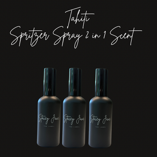 Stacey Jane Tahiti Fragrance Tahitian Vanilla spritzer spray bottle with a floral and vanilla scent design.