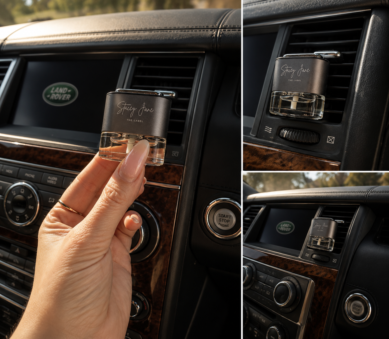 Stacey Jane Lux Car Fragrance bottle inspired by scents with 100% organic essential oils, sleek design for vehicle interior.