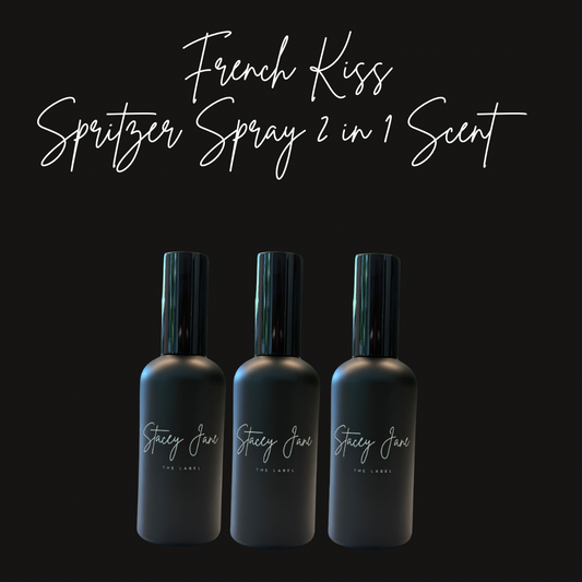 Stacey Jane French Kiss Spritzer Spray inspired by Miss Dior, featuring a sleek perfume bottle with elegant design and floral accents.