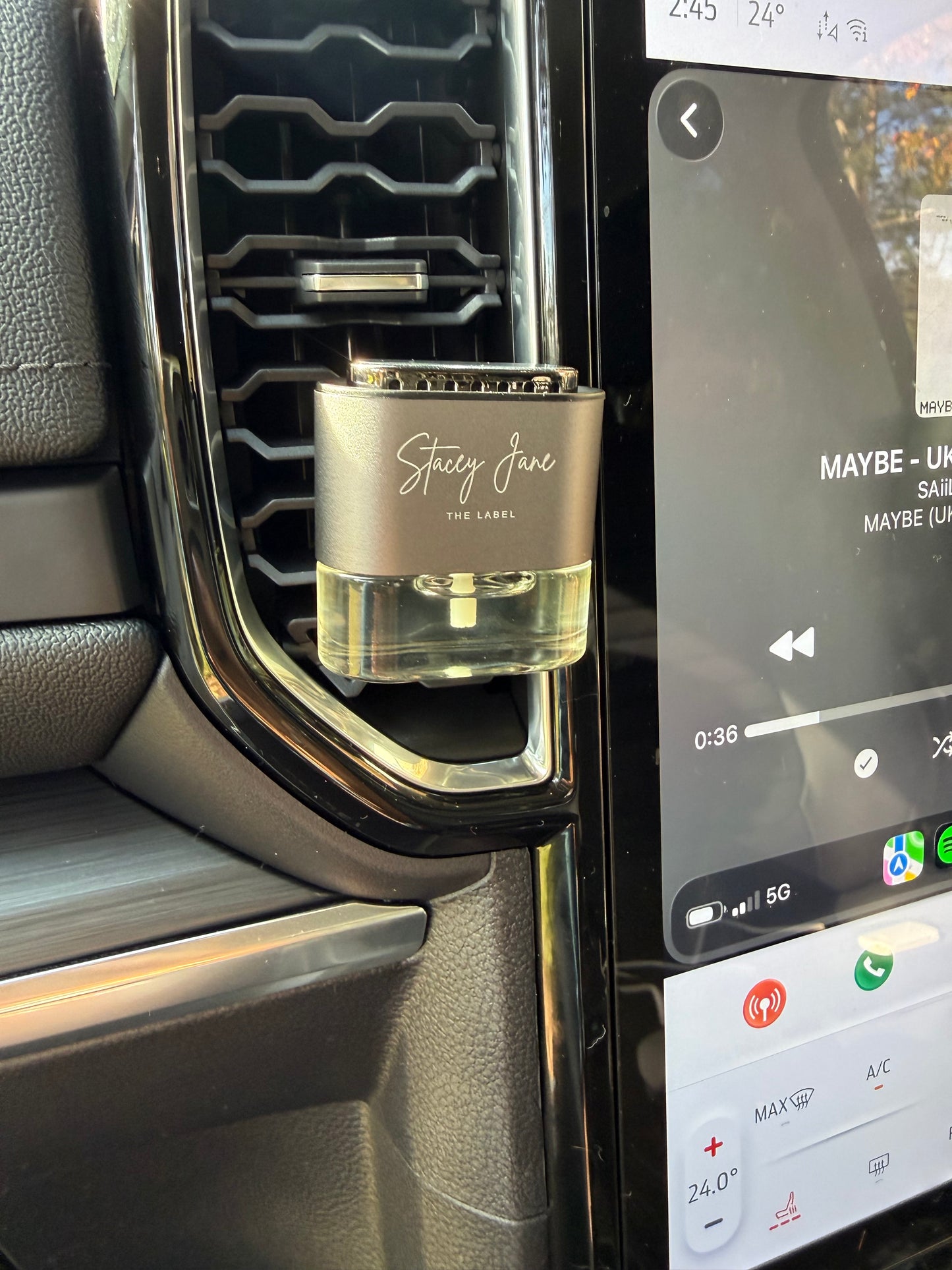Sun Kissed Lux Car Fragrance diffuser by Stacey Jane, Brazilian Bum Bum inspired scent, shown with sleek diffuser and decorative elements.