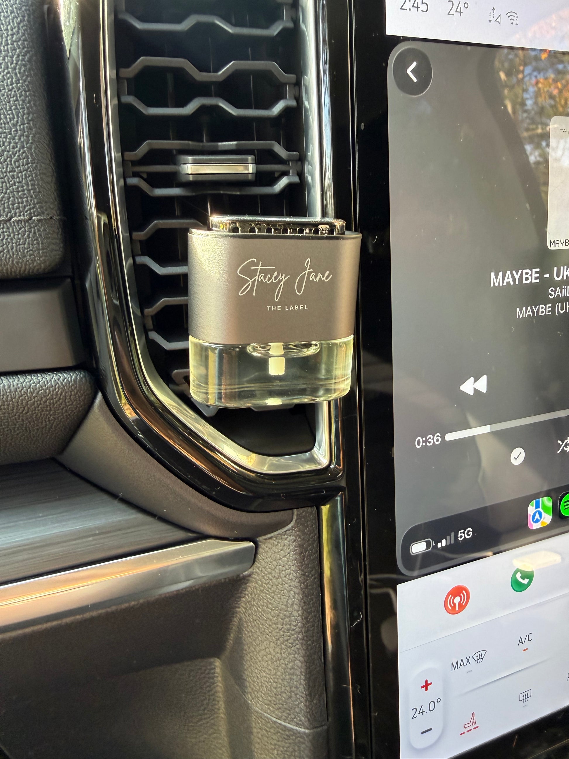 Sun Kissed Lux Car Fragrance diffuser by Stacey Jane, Brazilian Bum Bum inspired scent, shown with sleek diffuser and decorative elements.