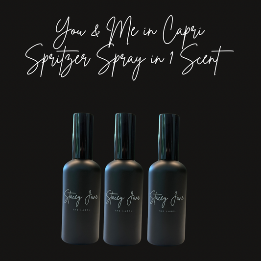 Stacey Jane YOU & ME IN CAPRI fragrance spritzer spray with white peach and sea breeze scent, featuring a sleek bottle design.