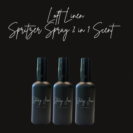 Stacey Jane Loft Linen Fragrance Spritzer Spray with fresh linen scent, shown in a clear bottle with a spray nozzle.