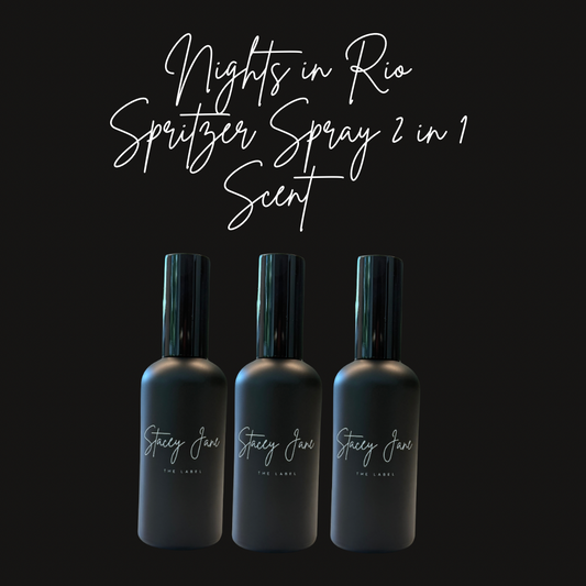 Stacey Jane Nights in Rio fragrance spritzer spray with passionfruit and paw paw notes, shown in a sleek bottle.