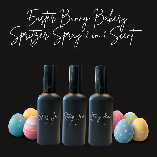 Stacey Jane Easter Bunny Bakery Spritzer Spray bottle with hot cross buns on a plate, ready for Easter celebration.