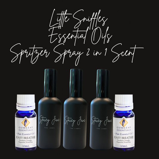 Stacey Jane Little Sniffles Spritzer Spray with organic essential oils, featuring a clear bottle and mist spray nozzle.