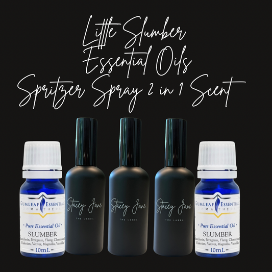 Stacey Jane Little Slumber Spritzer Spray with 100% organic essential oils in a clear glass bottle, misting the air.