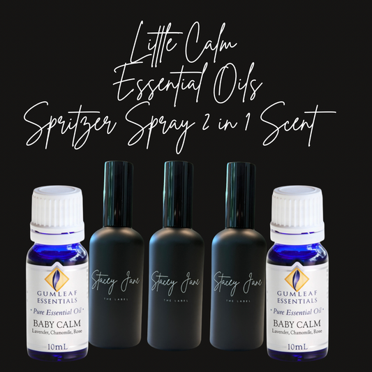 Stacey Jane Little Calm Spritzer Spray with 100% organic essential oils, featuring a clear glass bottle with a white spray nozzle.