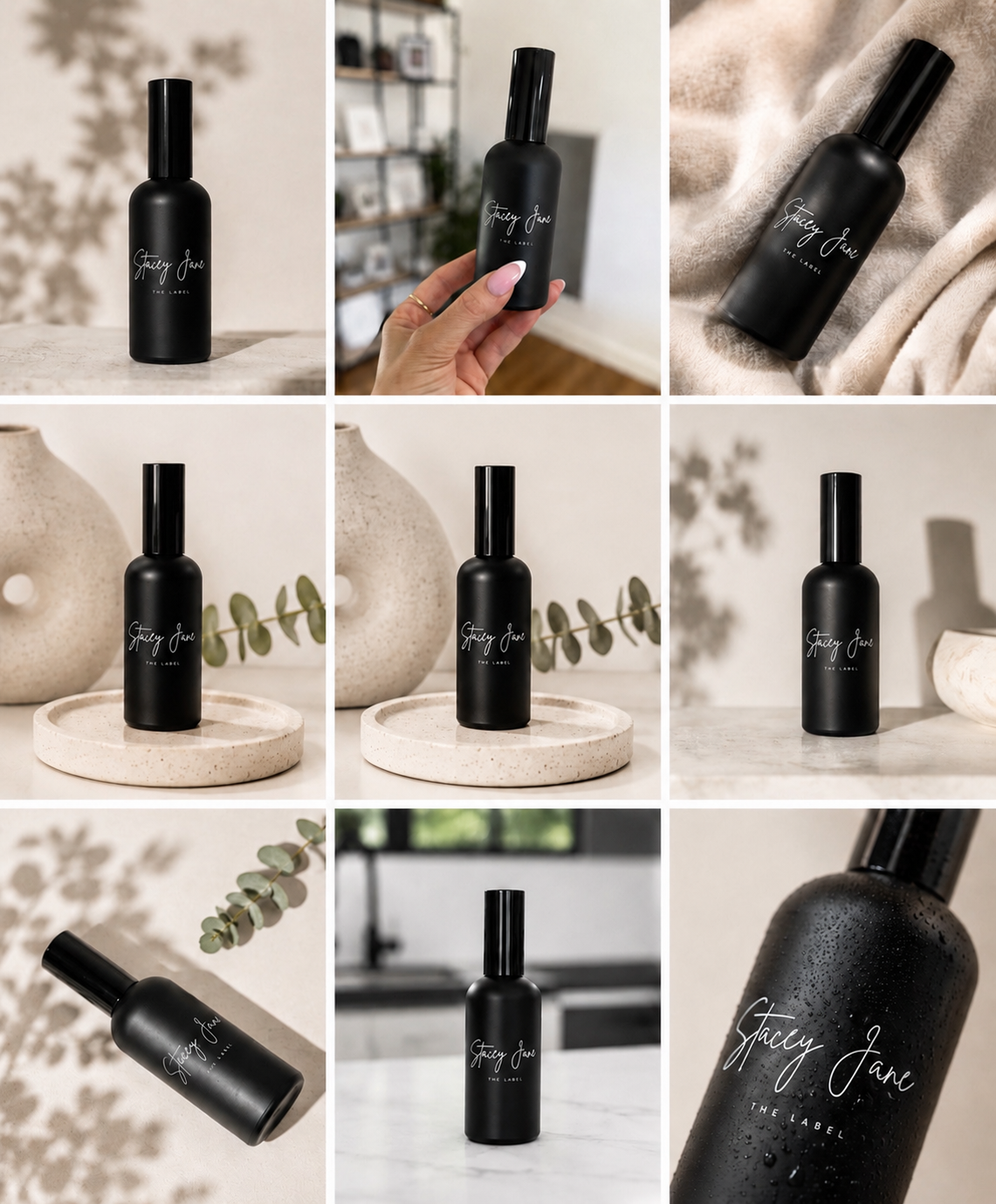 Stacey Jane Little Calm Spritzer Spray with 100% organic essential oils, featuring a white spray bottle and floral background.
